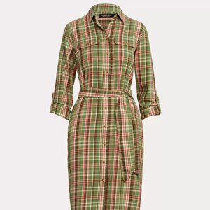 Lauren Ralph Lauren Green Pink Plaid Cotton Shirtdress Sz 16 w/Belt Cottagecore